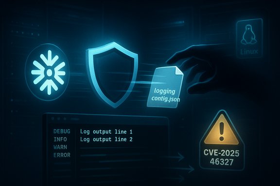Glowing blue cybersecurity scene with a shield, Linux logo, log file, and CVE-2025 warning.
