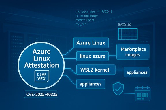 Blue infographic showing Azure Linux Attestation and its components (CSAF VEX, CVE-2025-40325).