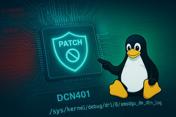 Tux the Linux penguin points to a glowing PATCH shield on a circuit-board background.