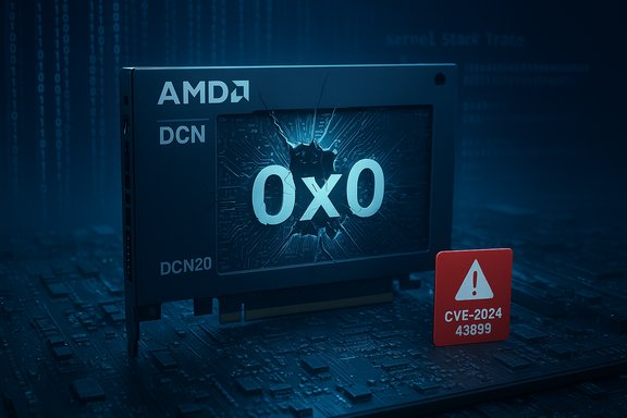 AMD DCN20 GPU card shows a cracked display with '0x0' and a CVE-2024-43899 warning tag.