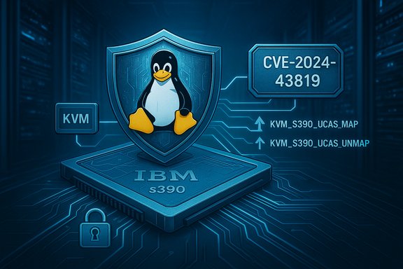 Tux the penguin rests on an IBM s390 shield within a blue cybersecurity interface.