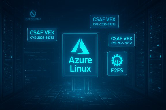Blue holographic data-center UI features Azure Linux with CSAF VEX CVE-2025-38333 and F2FS icons.