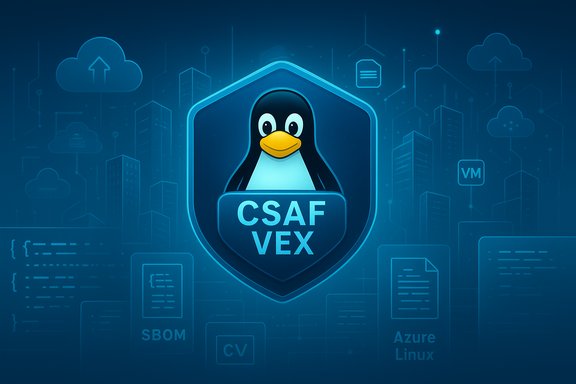 A glowing blue shield logo featuring Tux the penguin and CSAF VEX against a tech cloud-city backdrop.