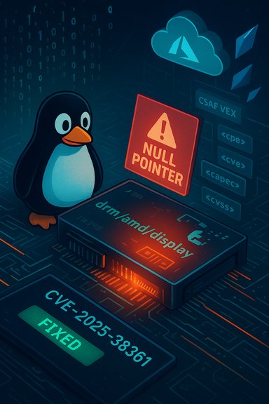 Tux the penguin confronts a NULL POINTER warning on a DRM/display module, with CVE-2025-38361 fixed.