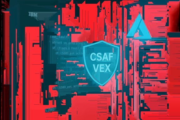 A glowing teal shield labeled CSAF VEX floats amid code and a triangle logo.
