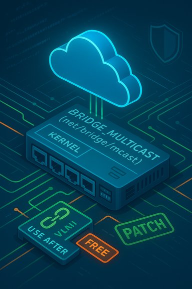 A neon cloud gateway labeled 'Bridge-Multicast' sits above a circuit board with patch and security icons.