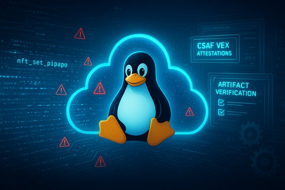 Linux penguin in a neon cloud, with NFT and artifact verification visuals.