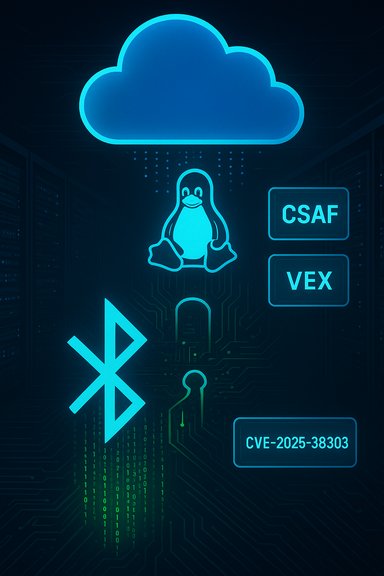 Cloud security graphic featuring Linux penguin, Bluetooth symbol, and CVE-2025-38303.