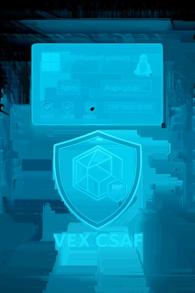 A glowing blue hologram of a security diagram featuring Windows and Linux logos, Azure blocks, patches, and a shield.