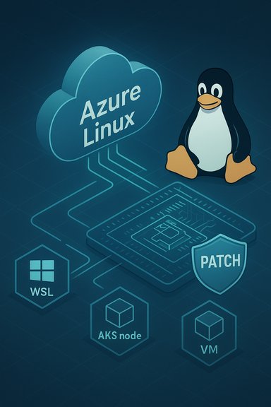 Azure Linux cloud with Tux the penguin and icons for WSL, AKS, VM and PATCH.