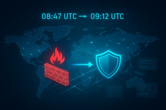 Global map with a fiery red firewall transforming into a blue shield, symbolizing cyber protection.