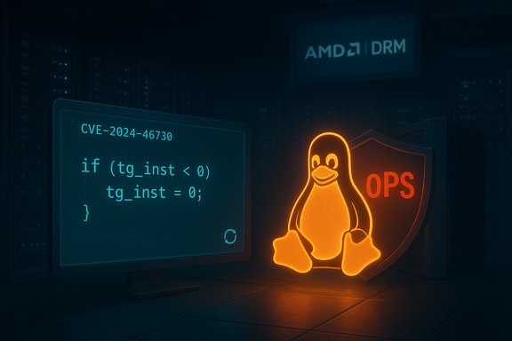 A neon Linux penguin sits beside an OPS shield while a code screen displays CVE-2024-46730 in a data center.