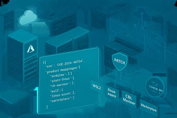 Illustration of data centers, cloud computing, and security patching with code and networks.