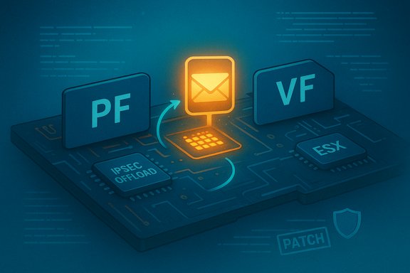 Glowing envelope icon on a circuit board, symbolizing secure email processing in network hardware.