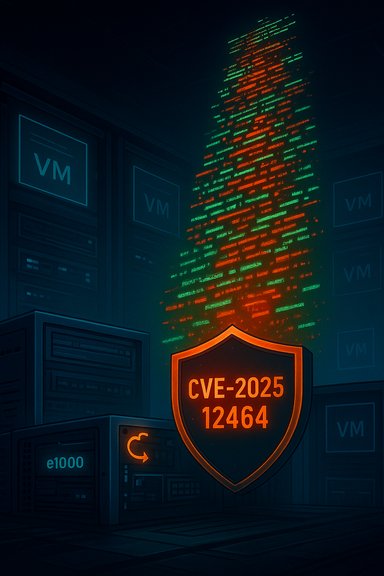 In a dark data center, a neon-lit code-tree glows beside a shield reading CVE-2025 12464.