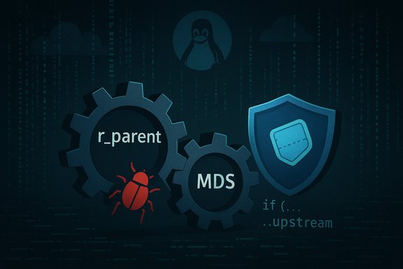 Interlocking gears labeled r_parent and MDS, with a red bug and a shield icon on a dark tech background.