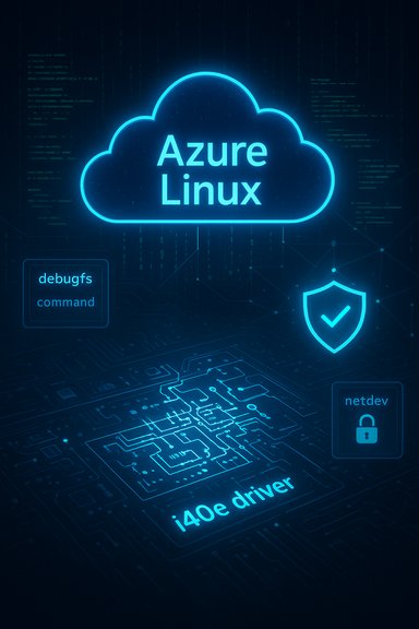 Neon Azure Linux cloud above circuitry with i40e driver and security icons.