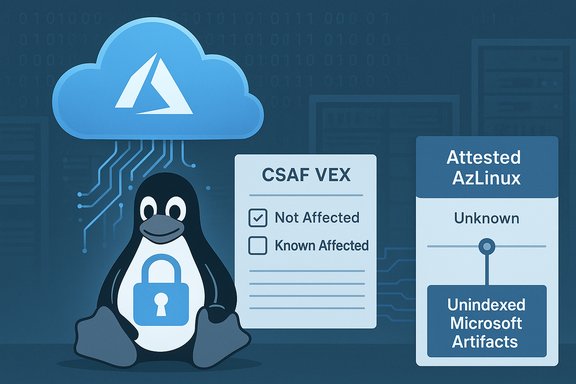 Tux the Linux penguin guards a cloud-security diagram with CSAF VEX checks and unknown artifacts.