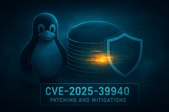 Blue-toned penguin beside a database stack and shield, highlighting CVE-2025-39940 patching and mitigations.