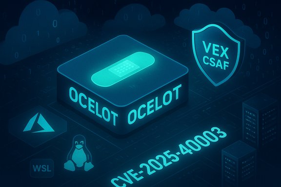 OCELOT CVE-2025-4003 vulnerability depicted with VEX CSAF shield in a tech-cloud scene.