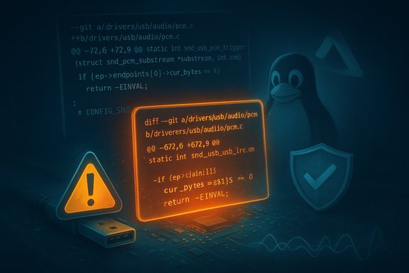 Glowing orange code diff on a dark screen with Linux penguin and security icons.