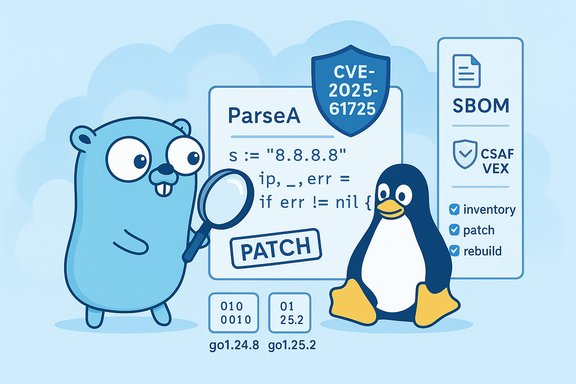 A bear and a penguin inspect a patch for CVE-2025-61725 with an SBOM.