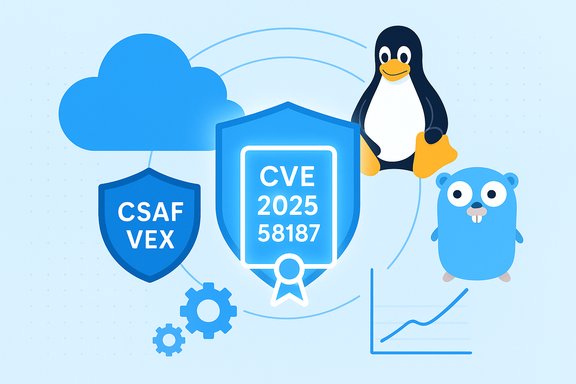 Cloud security illustration featuring a CVE badge, CSAF VEX shield, gears, and Tux the Linux penguin.