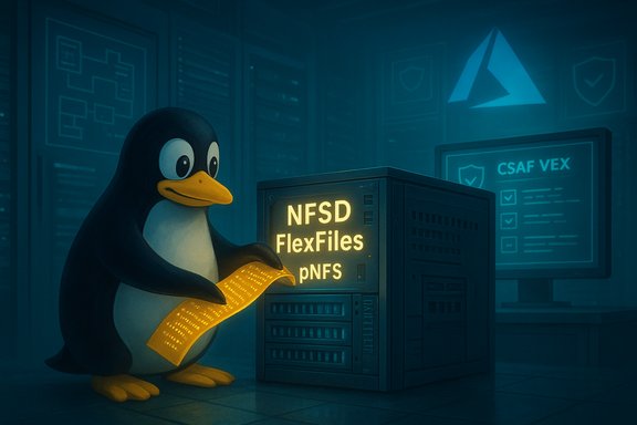 Tux the Linux penguin studies a glowing NFSD server panel showing FlexFiles and pNFS.