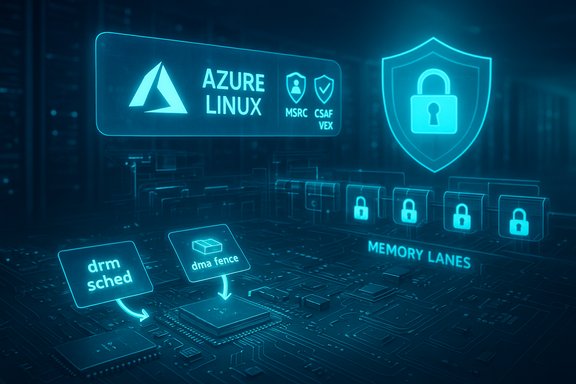 Neon blue circuit-board artwork featuring Azure Linux branding and security icons.