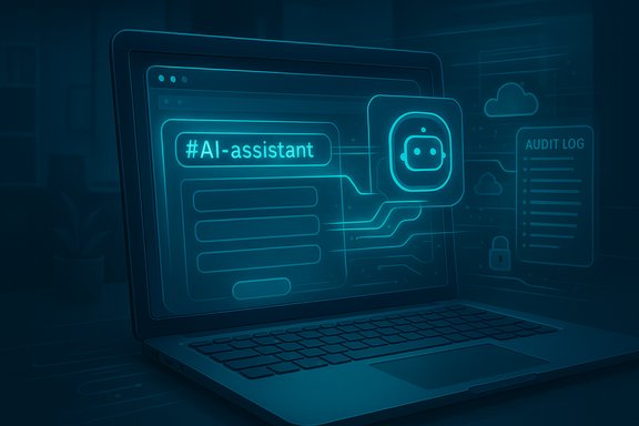 Glowing blue AI assistant interface projected from a laptop, with an audit log. Glowing blue AI assistant interface projected from a laptop, with an audit log.