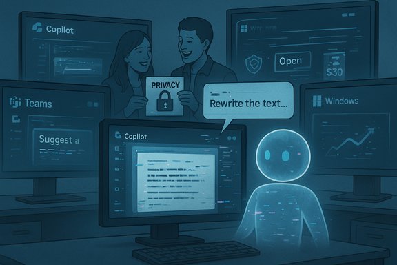 Two people hold a Privacy sign as monitors show Copilot and Teams, while a bot asks to rewrite the text.