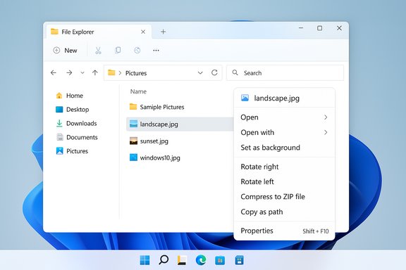 Windows 11 File Explorer showing Pictures folder with a right-click on landscape.jpg.