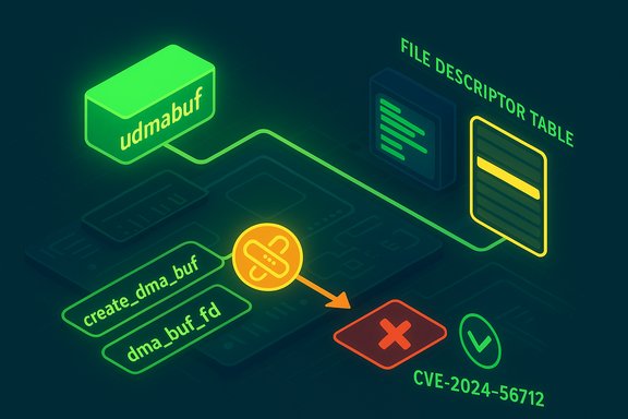 Isometric neon diagram showing udmabuf/dma_buf flow to the file descriptor table, highlighting CVE-2024-56712.