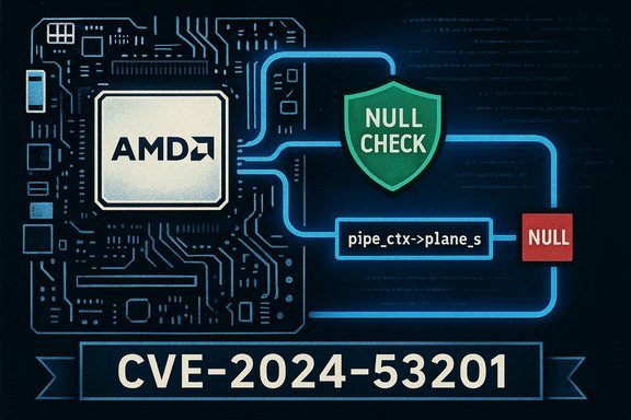 AMD chip circuitry highlights a NULL check vulnerability CVE-2024-53201.
