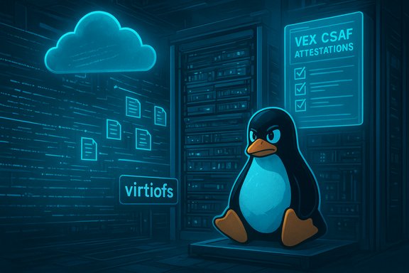 Cartoon penguin in a blue data center with cloud icon and attestation panel.