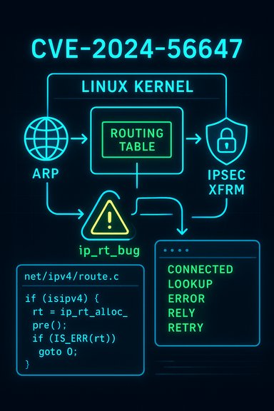 Neon schematic of Linux kernel CVE-2024-56647 routing flow and error handling.