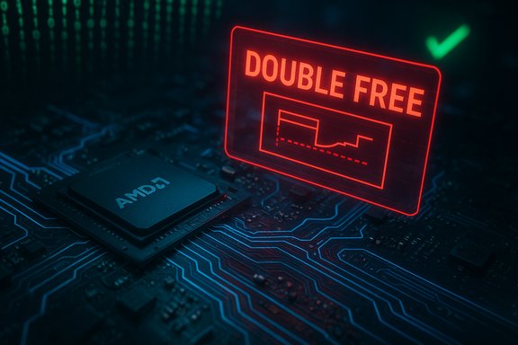 AMD processor on a circuit board with a glowing red 'DOUBLE FREE' warning sign.