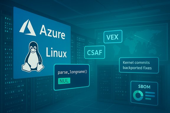 Azure Linux banner with the Tux penguin in a data center, surrounded by floating tech labels.