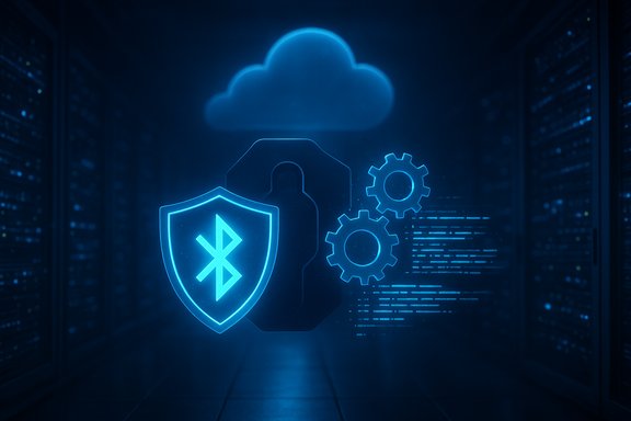 Blue holographic shield, cloud, and gears symbolize cloud security in a data center.