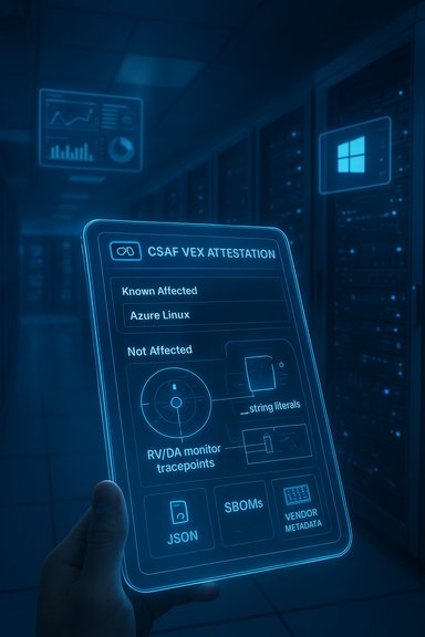 Futuristic data center with a holographic CSAF VEX attestation screen showing Azure Linux status.
