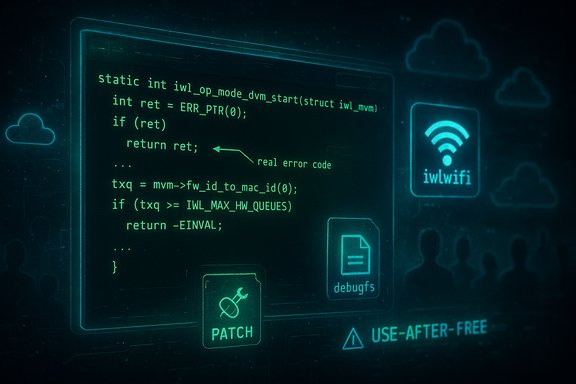 Neon code on a screen with debugging icons and the iwlwifi logo.