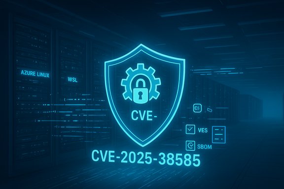 Neon blue shield with a lock and gear displays CVE-2025-38585 in a data center. Neon blue shield with a lock and gear displays CVE-2025-38585 in a data center.
