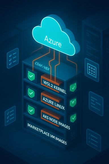 Azure cloud hosts a server rack with WSL2 kernel, Azure Linux, AKS node images, and marketplace VM images.