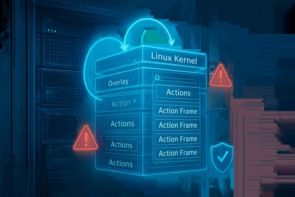 Neon blue diagram of a Linux kernel stack with actions and security icons.