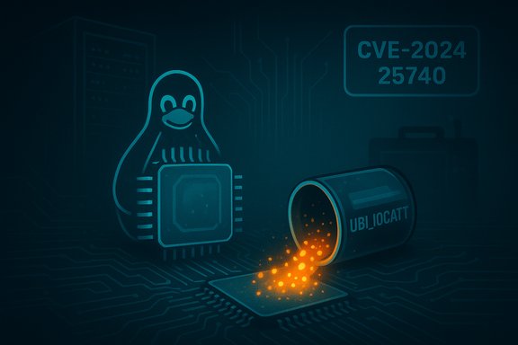 Linux penguin beside a glowing microchip as a can labeled UBI_LOCATT spills orange sparks.