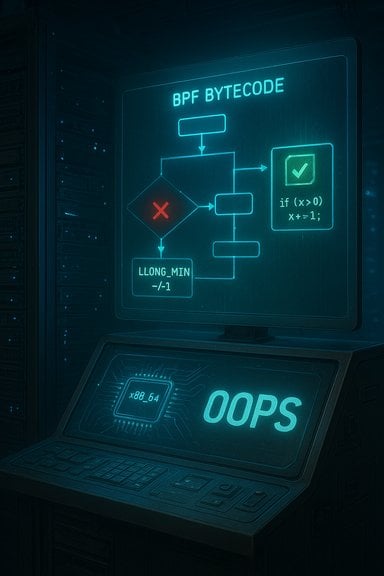 Neon-blue server console displaying a BPF BYTECODE flowchart and an OOPS error.