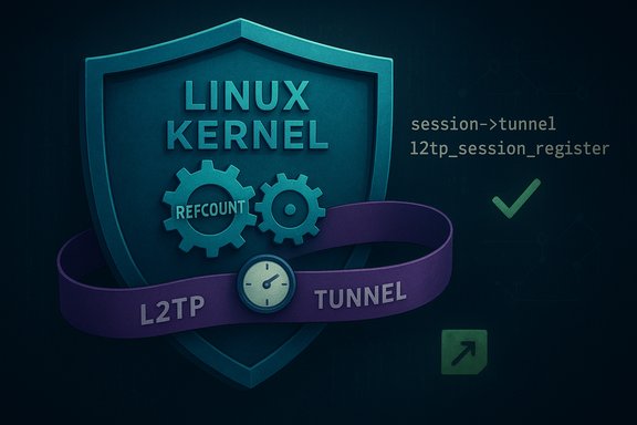 Linux kernel shield with gears and a purple L2TP tunnel ribbon.