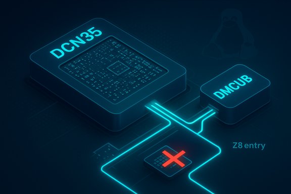Futuristic circuit showing DCN35 and DMCUB chips linked by glowing blue traces, with a red X on a component.
