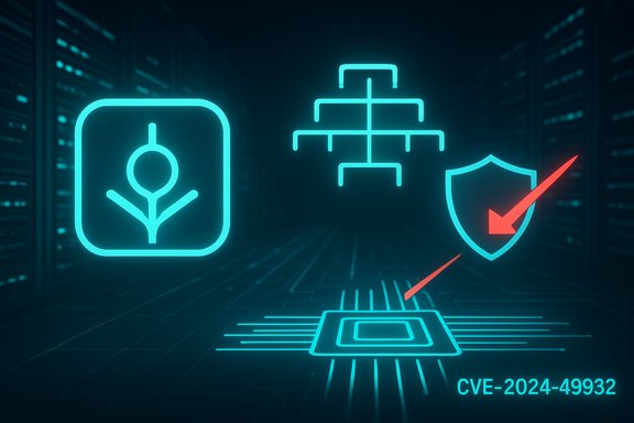 Neon cybersecurity scene highlighting CVE-2024-49932 with a processor chip, shield, and security icons.