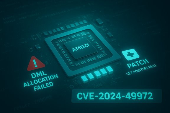 AMD processor on a motherboard showing DML ALLOCATION FAILED and a CVE-2024-49972 patch.